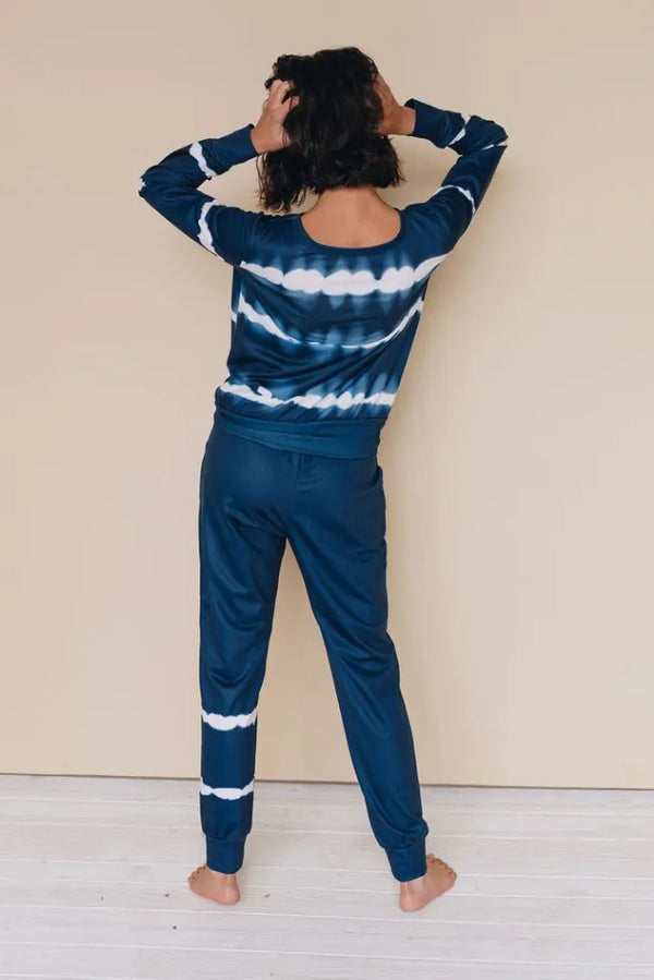 Tie-dye loungewear set with long-sleeve top and jogger pants, navy with white stripes