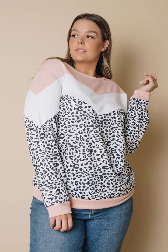 Plus size color-block long sleeve top in pink, white, and leopard print