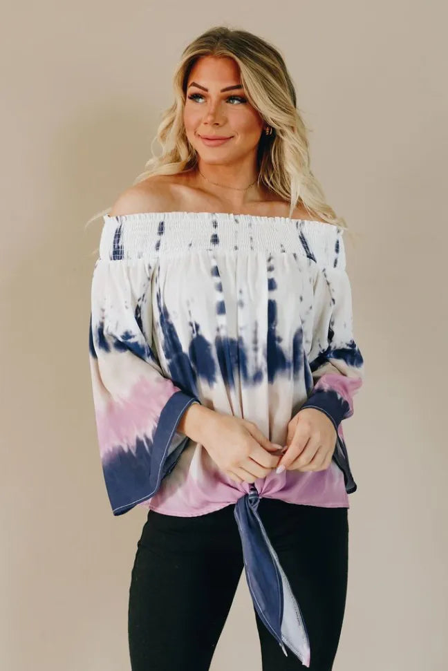 Off-shoulder tie top, front view, tie-dye white with blue and pink sleeves and tie