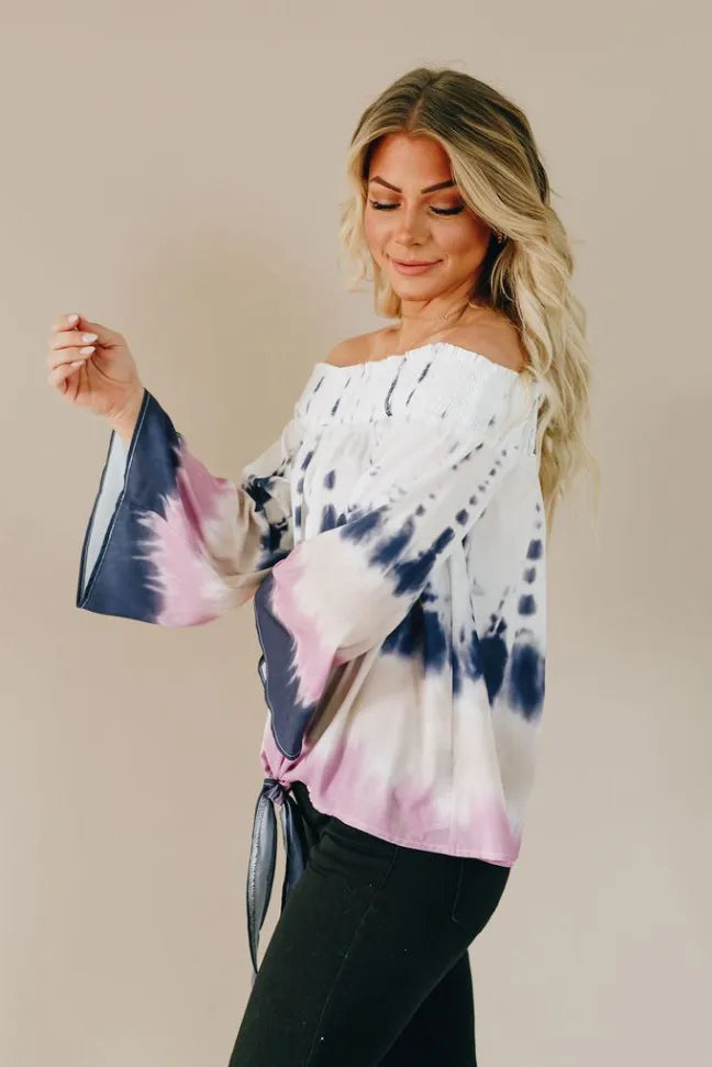Off-shoulder tie top with tie sleeves, tie-dye white, blue, and pink