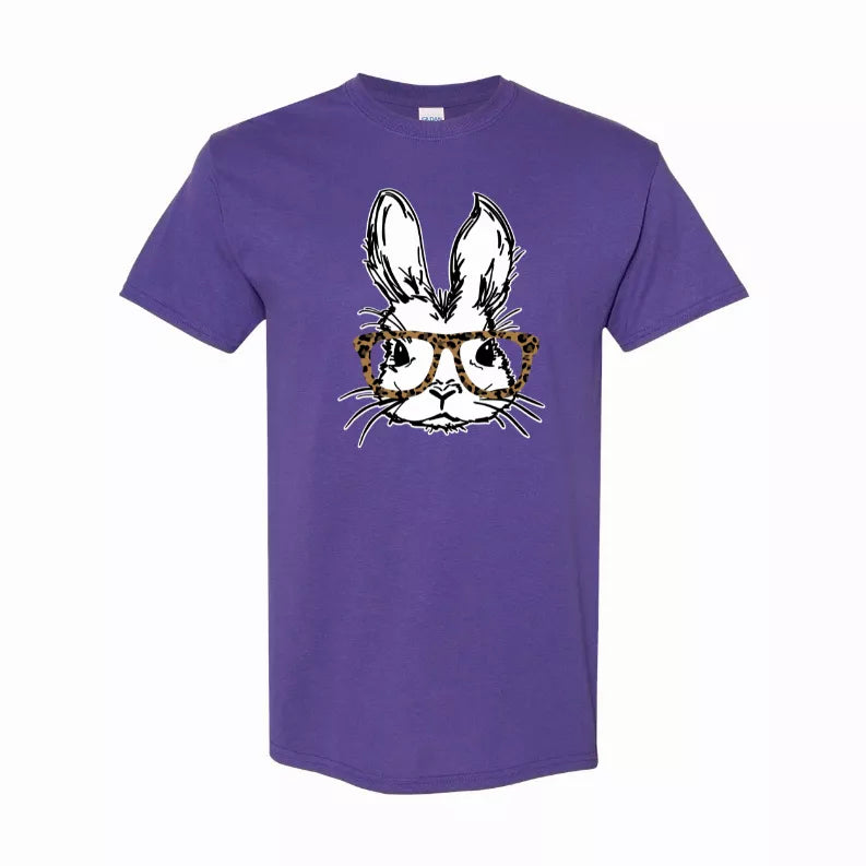 Purple T-shirt with front bunny wearing leopard glasses graphic