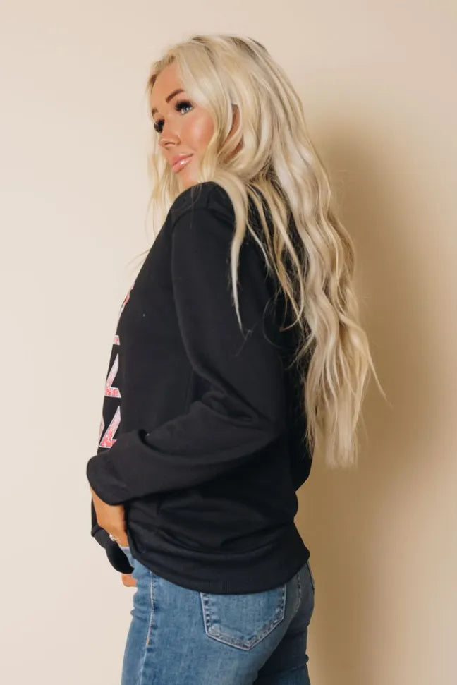 Black sweatshirt with tiger graphic on sleeve, crew neck and long cuffed sleeves