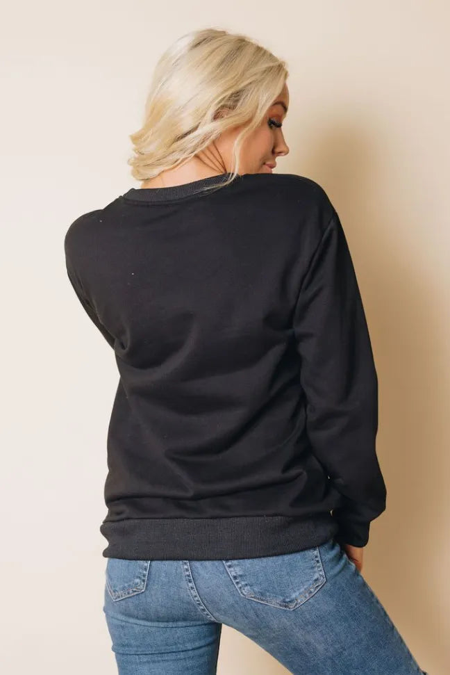 Black sweatshirt back view, crew neck, long sleeves