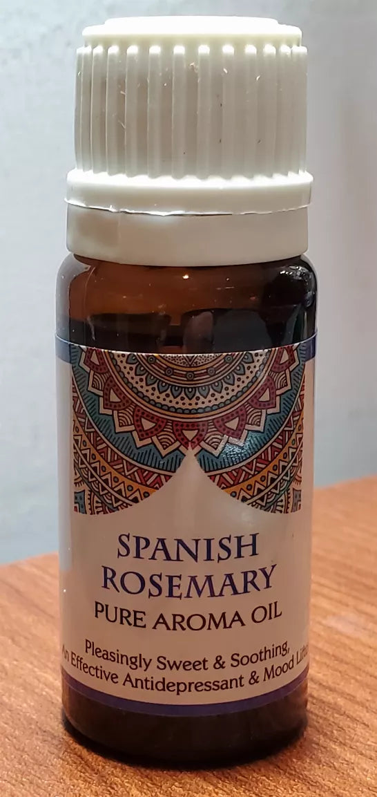 Spanish rosemary pure aroma oil bottle with amber liquid, white ribbed cap, mandala label