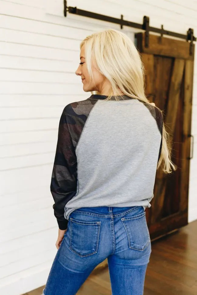 Camo crewneck pullover sweatshirt, heather gray with dark camo sleeves