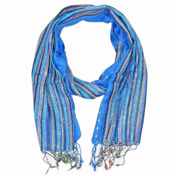 Cotton lurex striped scarf in blue and teal with shimmery vertical lines, fringed ends