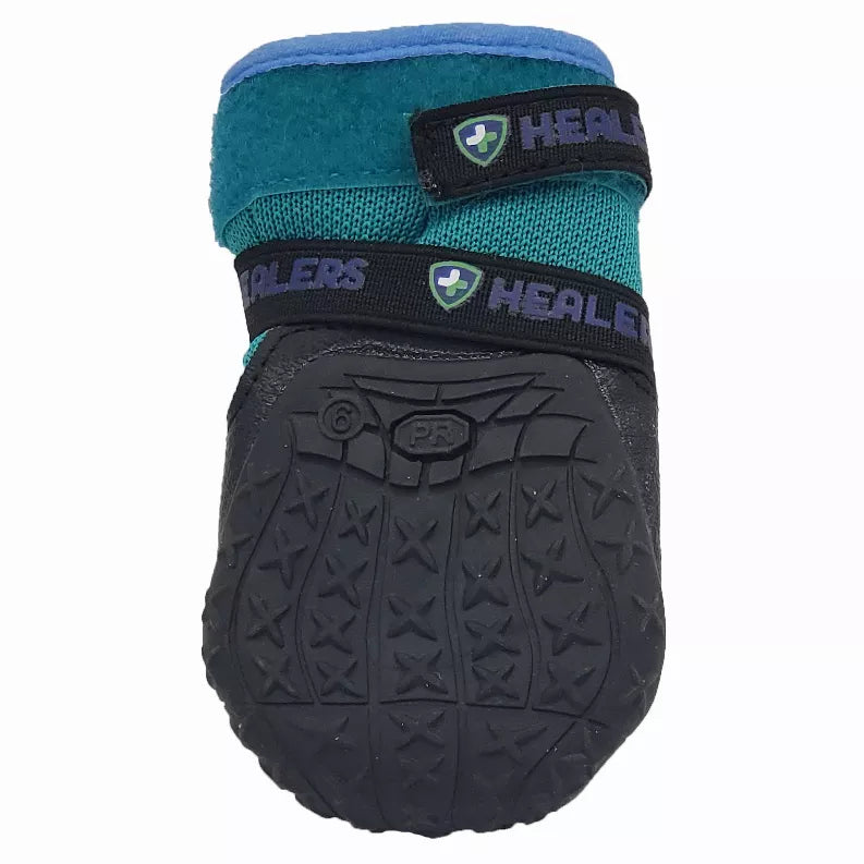 Teal and blue dog bootie with black rubber tread sole and branded top strap