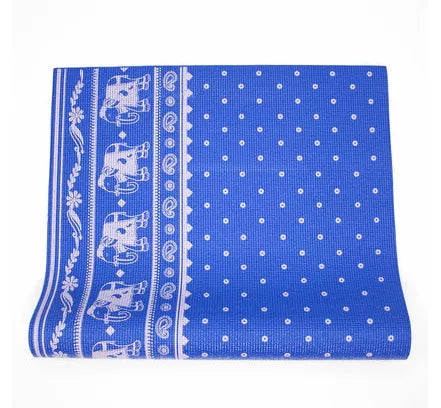 Yoga mat in blue with white ornamental border and circular dot pattern