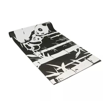 Yoga mat with black-and-white panda and playful graphic pattern