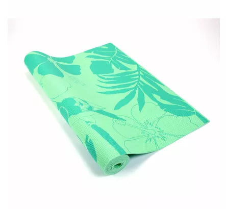 Yogi mat, mint green with tropical leaf pattern and rolled edge