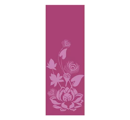 Yoga mat in plum purple with lotus and peacock-style line art pattern