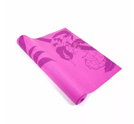 Pink patterned yoga mat with rolled edge and decorative dragon print