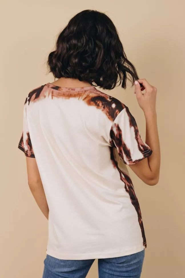 Women’s short-sleeve crew tee with white back and brown tie-dye sleeve panels