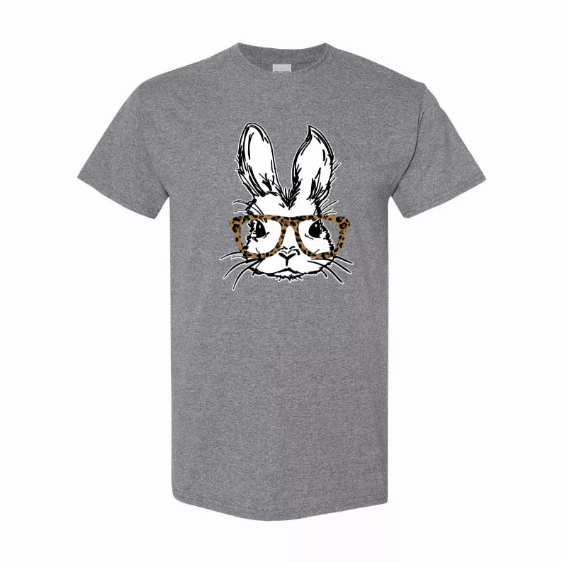 Gray crewneck T-shirt with bunny graphic wearing leopard glasses