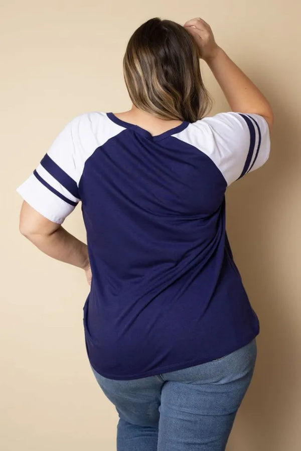 Plus size tee, navy with white raglan sleeves and striped cuffs, draped scoop back
