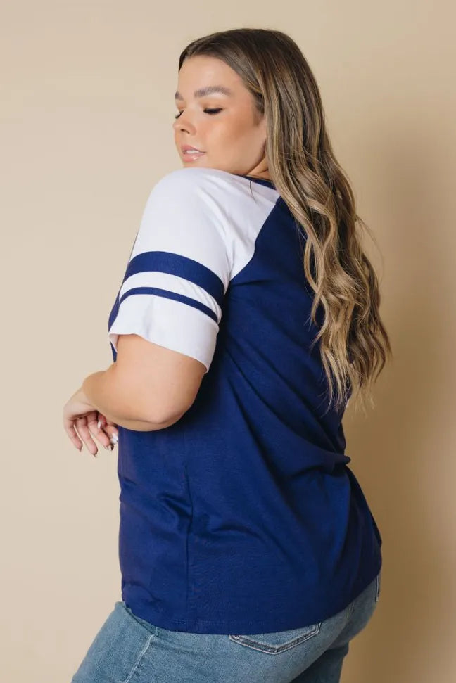 Plus size tee, navy with white raglan sleeve stripes and side drape detail