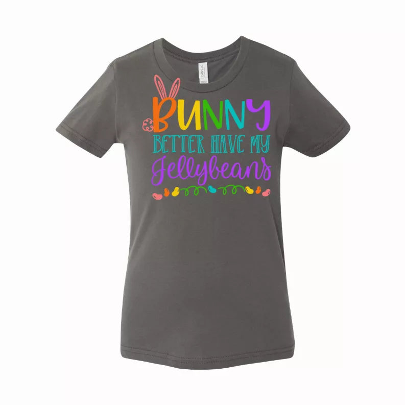 Dark gray T-shirt with colorful bunny and Jellybeans graphic on front