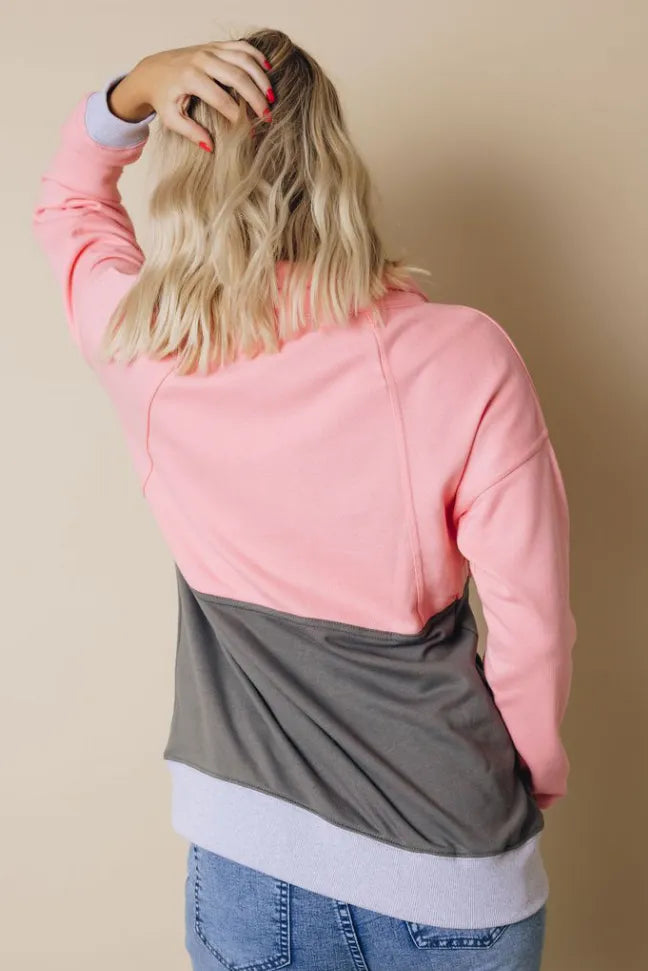 Colorblock zip-up hoodie sweatshirt in pink with charcoal gray panel and ribbed hem