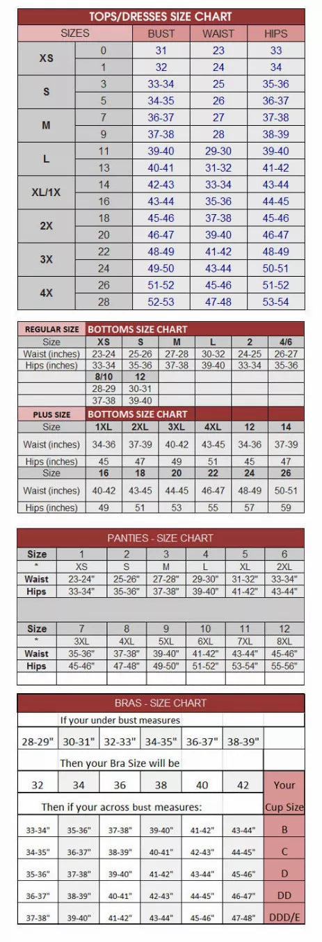 Tops and pants size chart with measurements for heights and chest/waist/hips