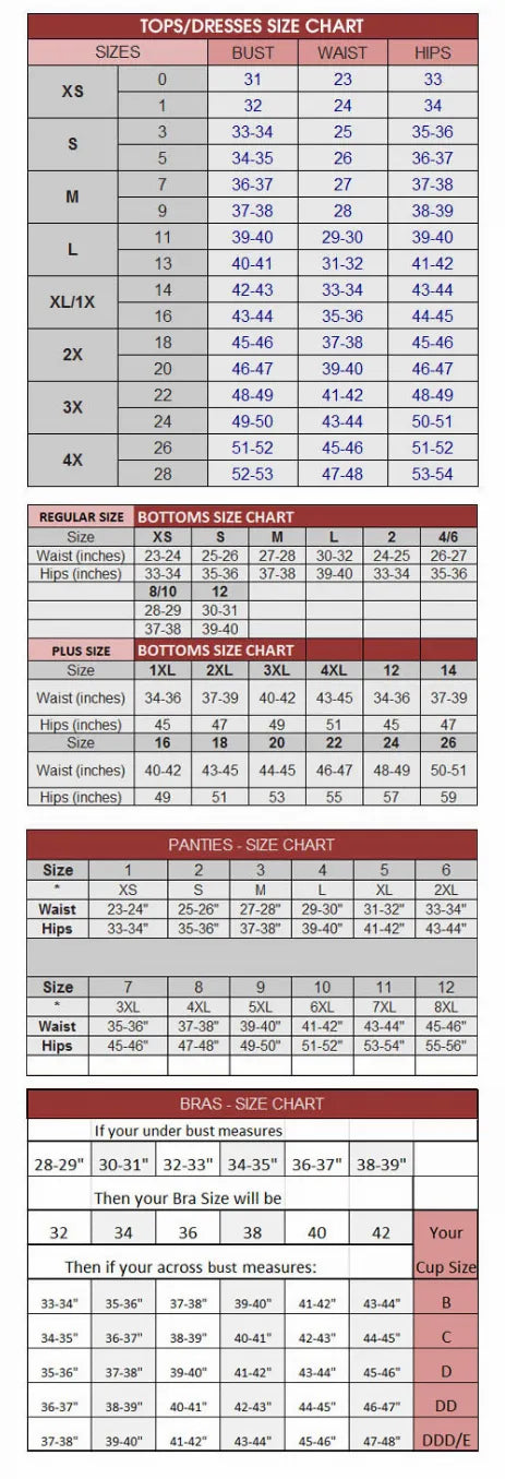 Size chart grid for shirts and pants with height, weight, and garment measurements