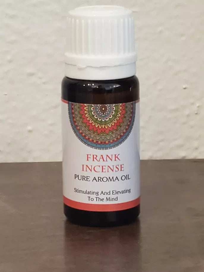 Goloka Frank Incense pure aroma oil bottle with white cap and patterned label