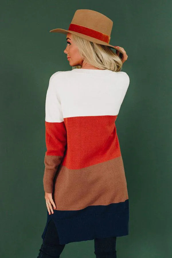 Color block cardigan, back view: white, red, tan, and navy horizontal stripes, long sleeves.