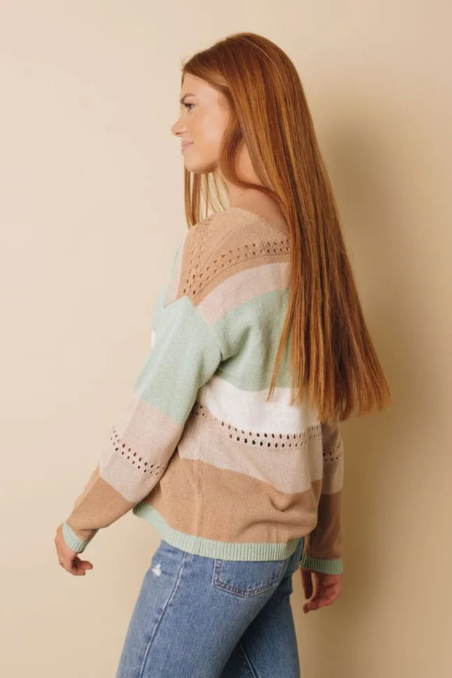 Knitted color block sweater, side view with mint, cream, and tan horizontal stripes