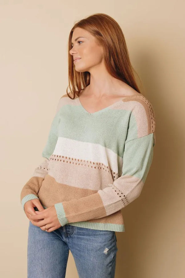 Color block knitted sweater with V-neck, long sleeves; mint, blush, and tan stripes