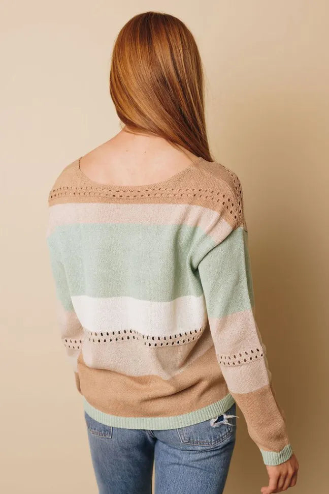 Back view of color block knitted sweater with V-neck; mint, cream, and tan stripes