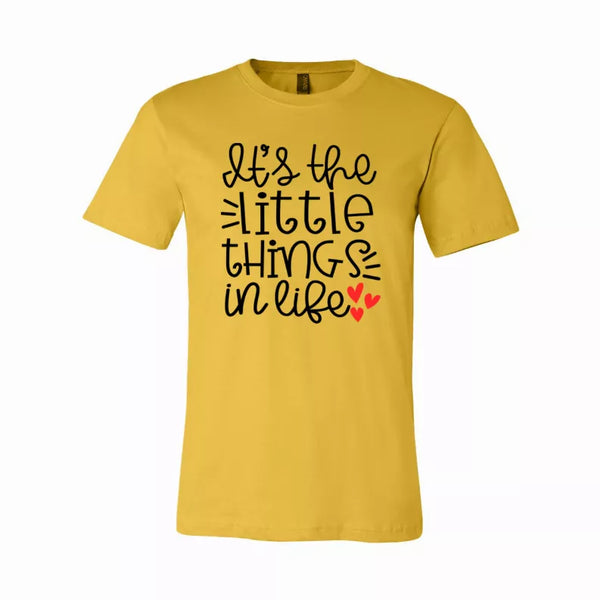Mustard yellow crewneck T-shirt with 'Let's the little things in life' graphic