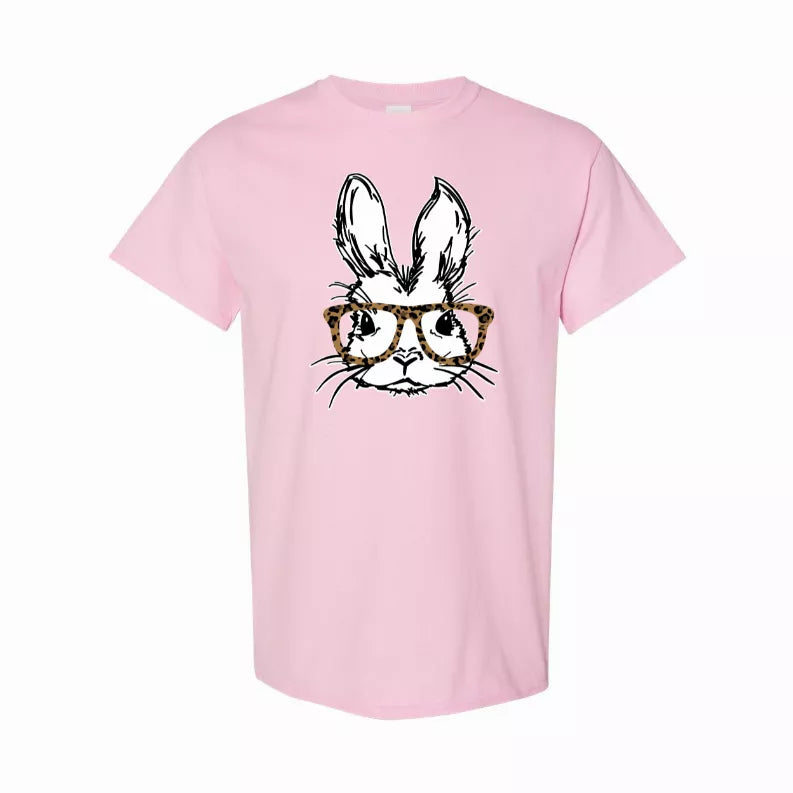 Pink bunny graphic T-shirt with leopard-print glasses on chest