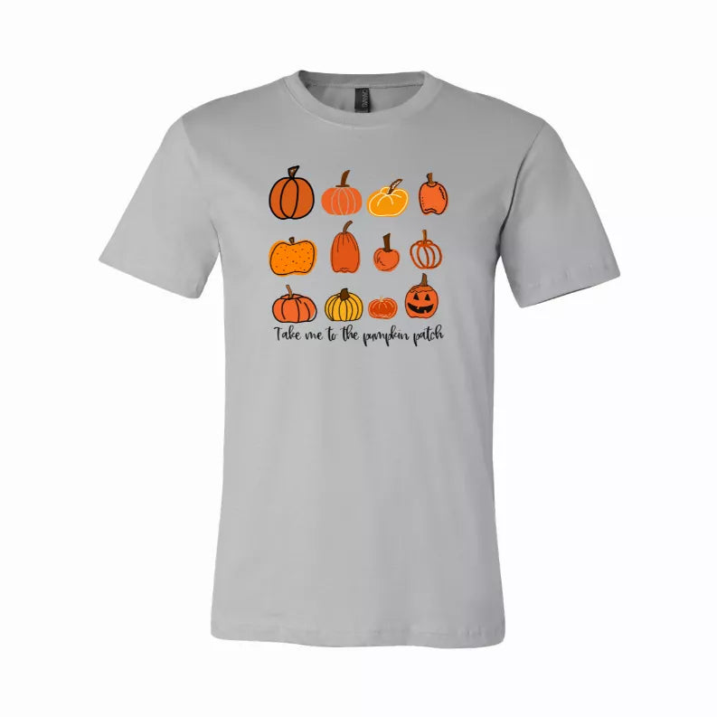 Light gray T-shirt with orange pumpkin graphic and autumn patch slogan