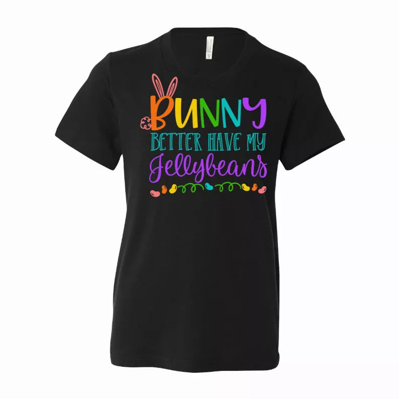 Black graphic T-shirt with colorful bunny and 'Jellybeans' slogan