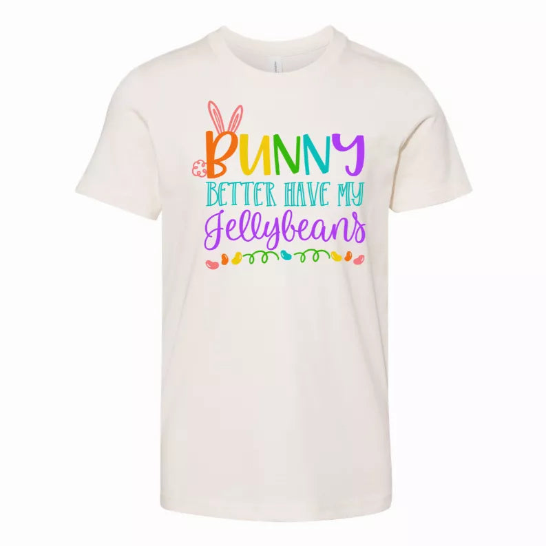 White short-sleeve T-shirt with Bunny Better Have My Jellybeans front graphic