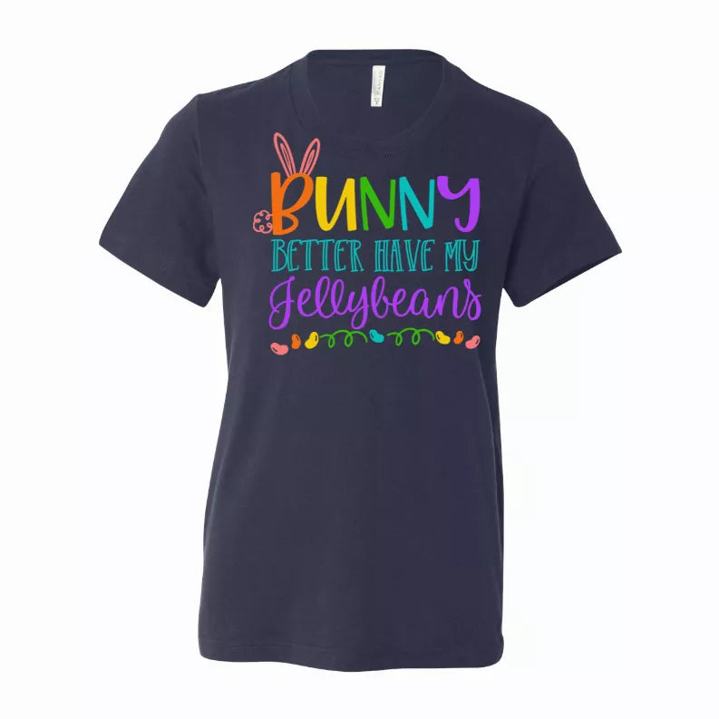 Dark navy T-shirt with colorful bunny and “BUNNY” “Jellybeans” lettering