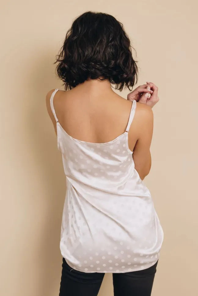 White dot camisole tank with lace-trim back and adjustable spaghetti straps