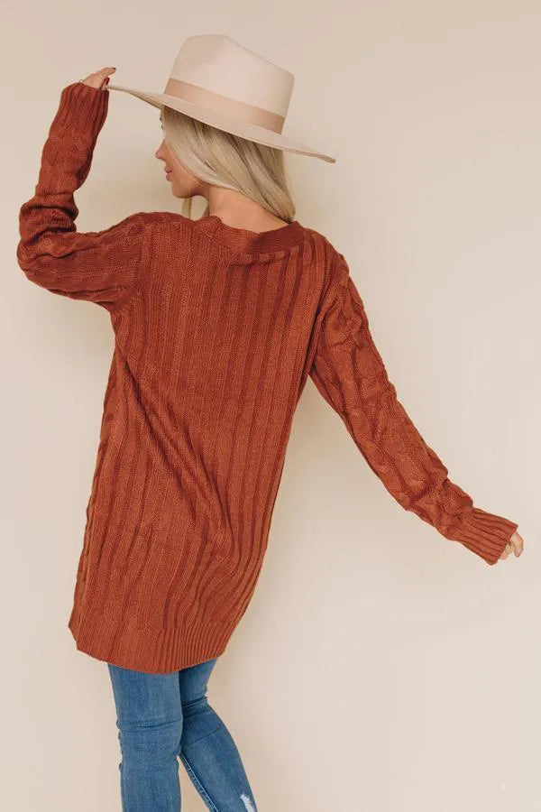 Rust cable-knit cardigan with long sleeves and crew neck, back view.