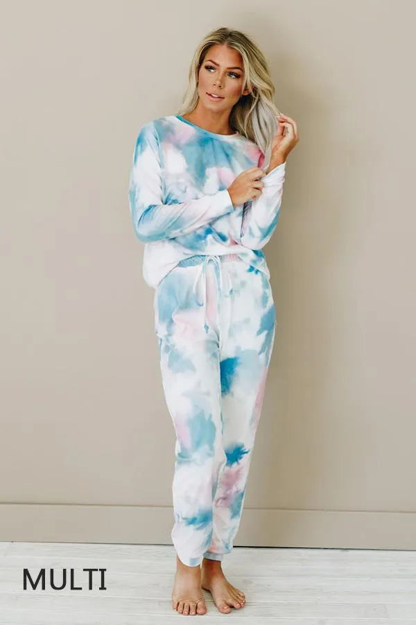 Blue and white tie-dye loungewear set with long sleeves and cuffed drawstring joggers