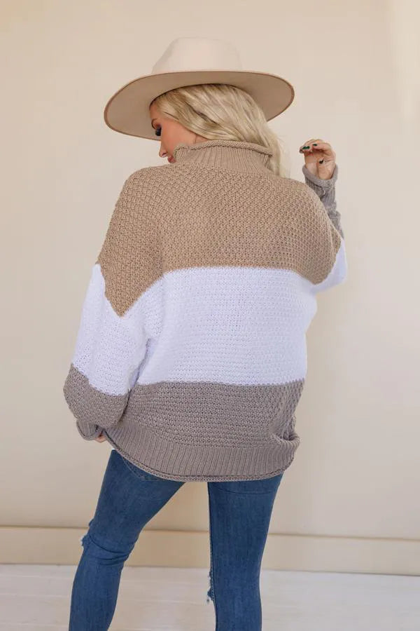 Back view of color-block turtleneck knit sweater in beige, white, and gray