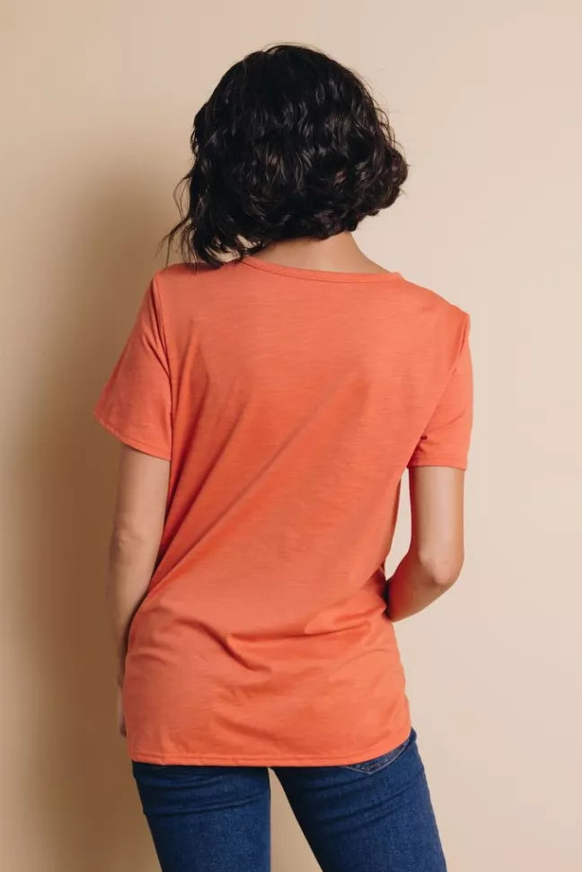Coral crew neck short-sleeve T-shirt viewed from the back