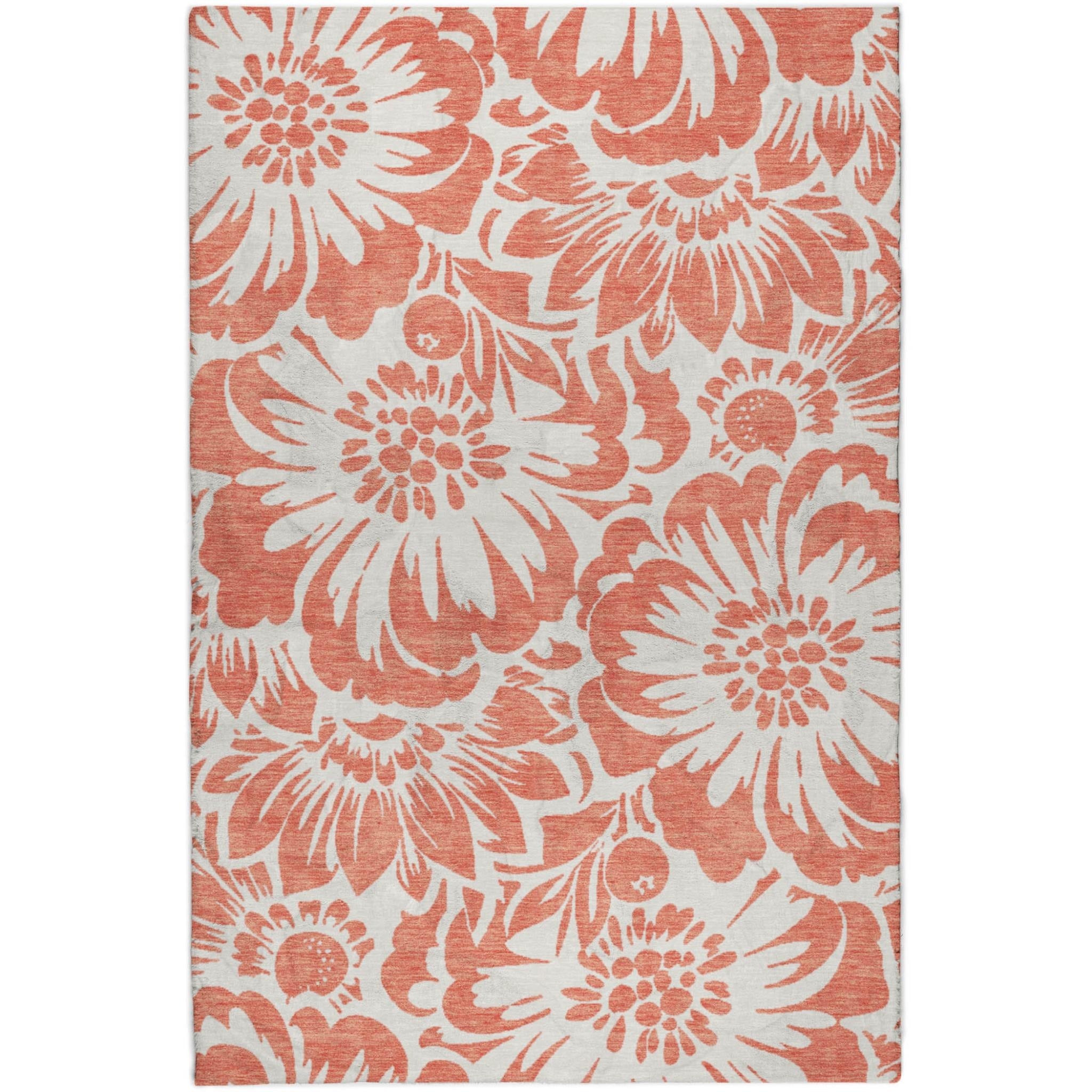 3' X 5' Salmon And Ivory Floral Shag Washable Area Rug With UV Protection - Home & Garden
