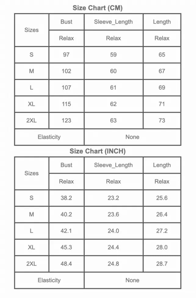 Size chart showing bust, sleeve length, and length in CM and IN for S–2XL