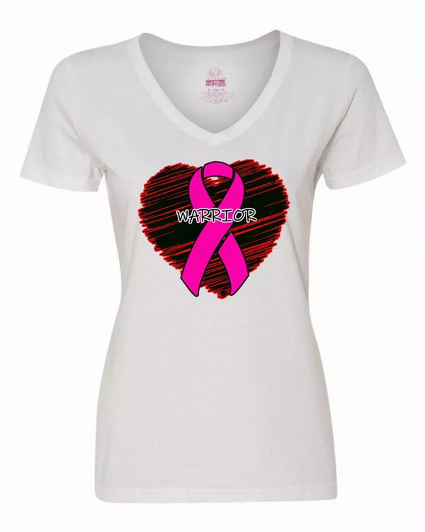 Women’s white V-neck T-shirt with pink ribbon heart and Warrior graphic