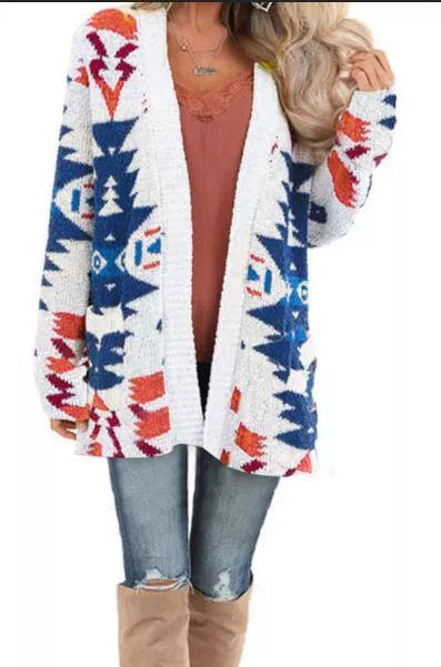Womens patterned open-front cardigan, blue white brown geometric knit