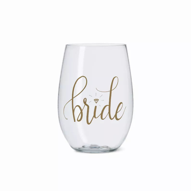 Bride/Bridesmaid Durable Plastic Stemless Wine Cups with Gold Logo 16 oz. - Bride / 1 - Kitchen