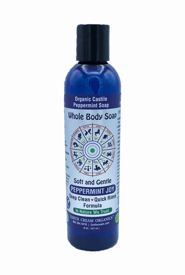 Whole body castile liquid soap bottle with 'Soft and Gentle' peppermint joy label