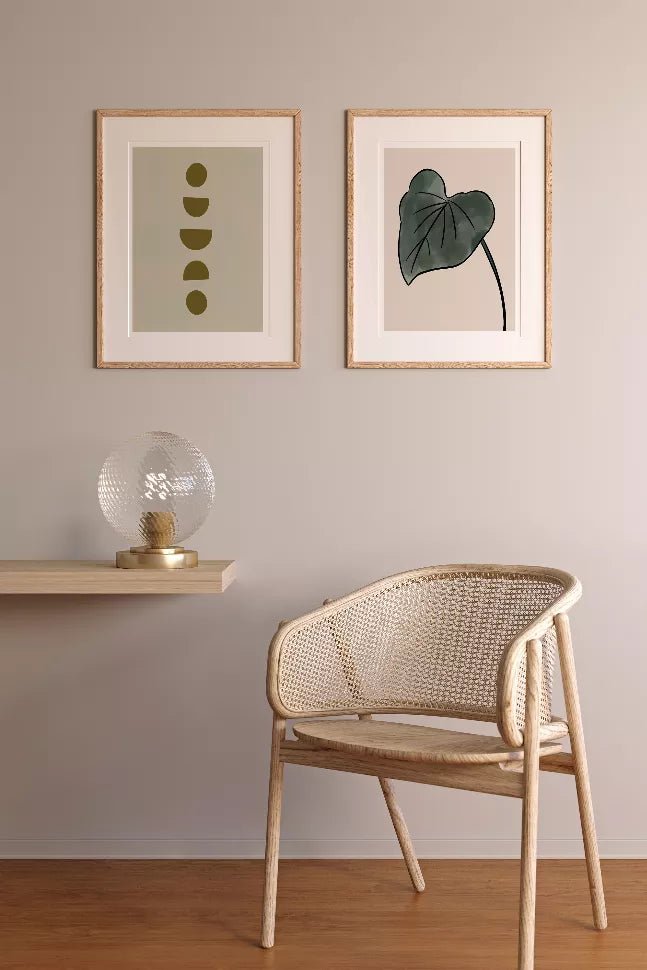 Framed wall art set with two prints, olive abstract shapes and minimal line art