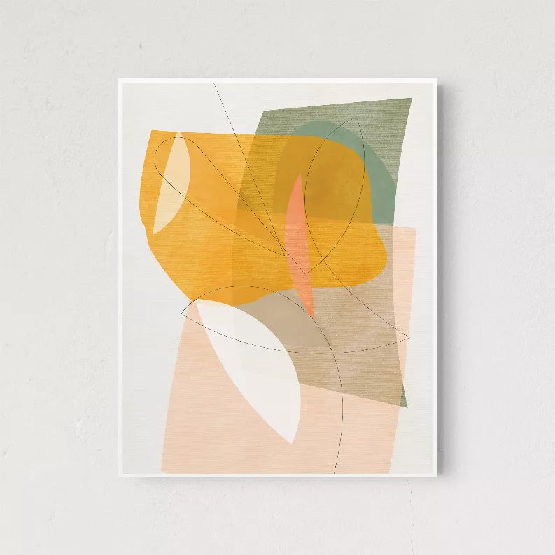 Framed abstract watercolor print with layered yellow, green, pink, and tan shapes