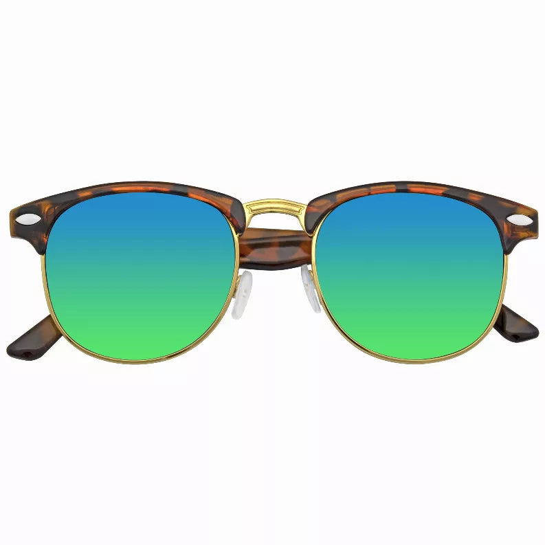 Retro half-frame sunglasses with teal flash mirror lenses and tortoise horn rims