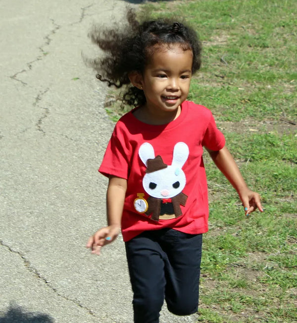 Kids red crew-neck T-shirt with rabbit graphic and gold pocket-watch design